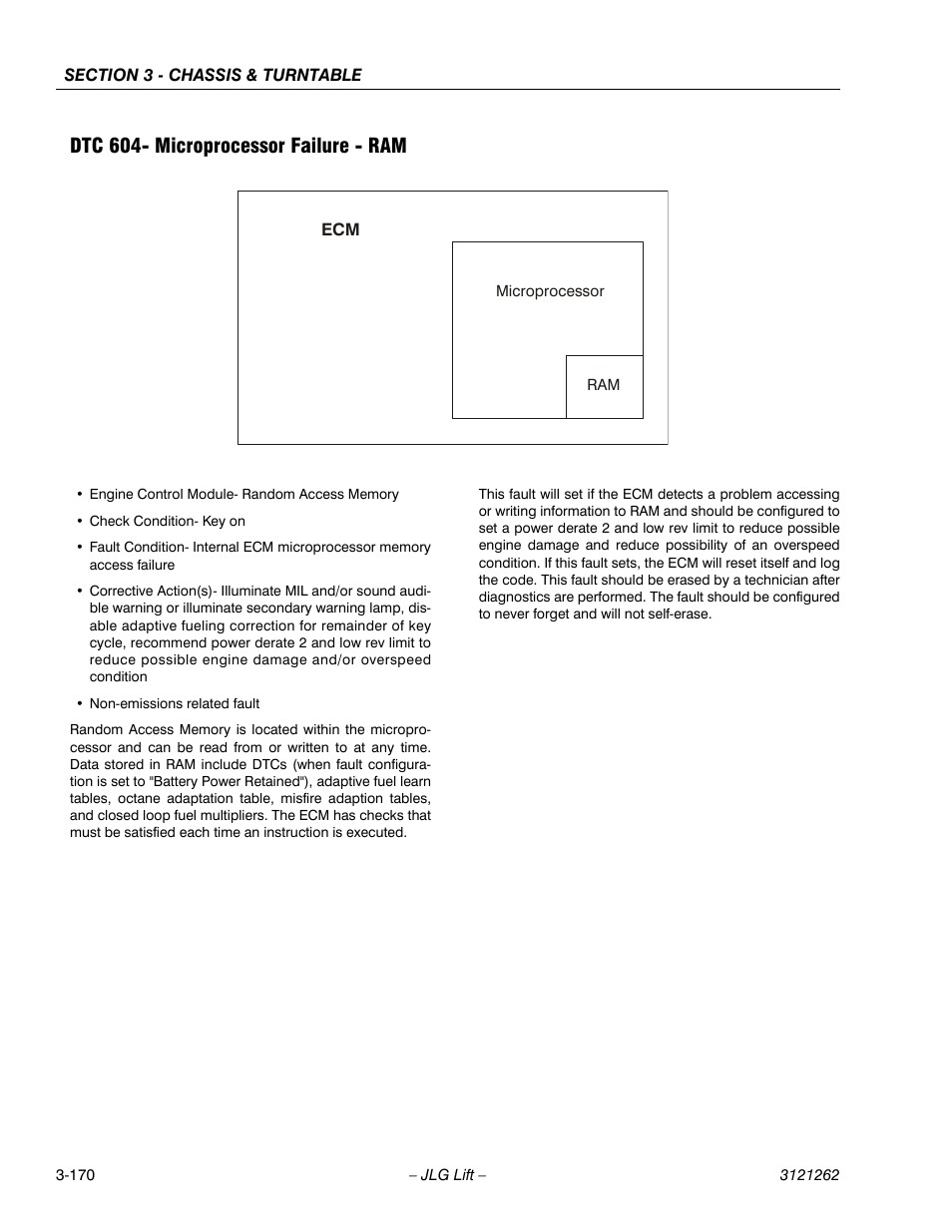 Dtc 604- microprocessor failure - ram, Dtc 604- microprocessor failure - ram -170 | JLG 1500SJ Service Manual User Manual | Page 218 / 628