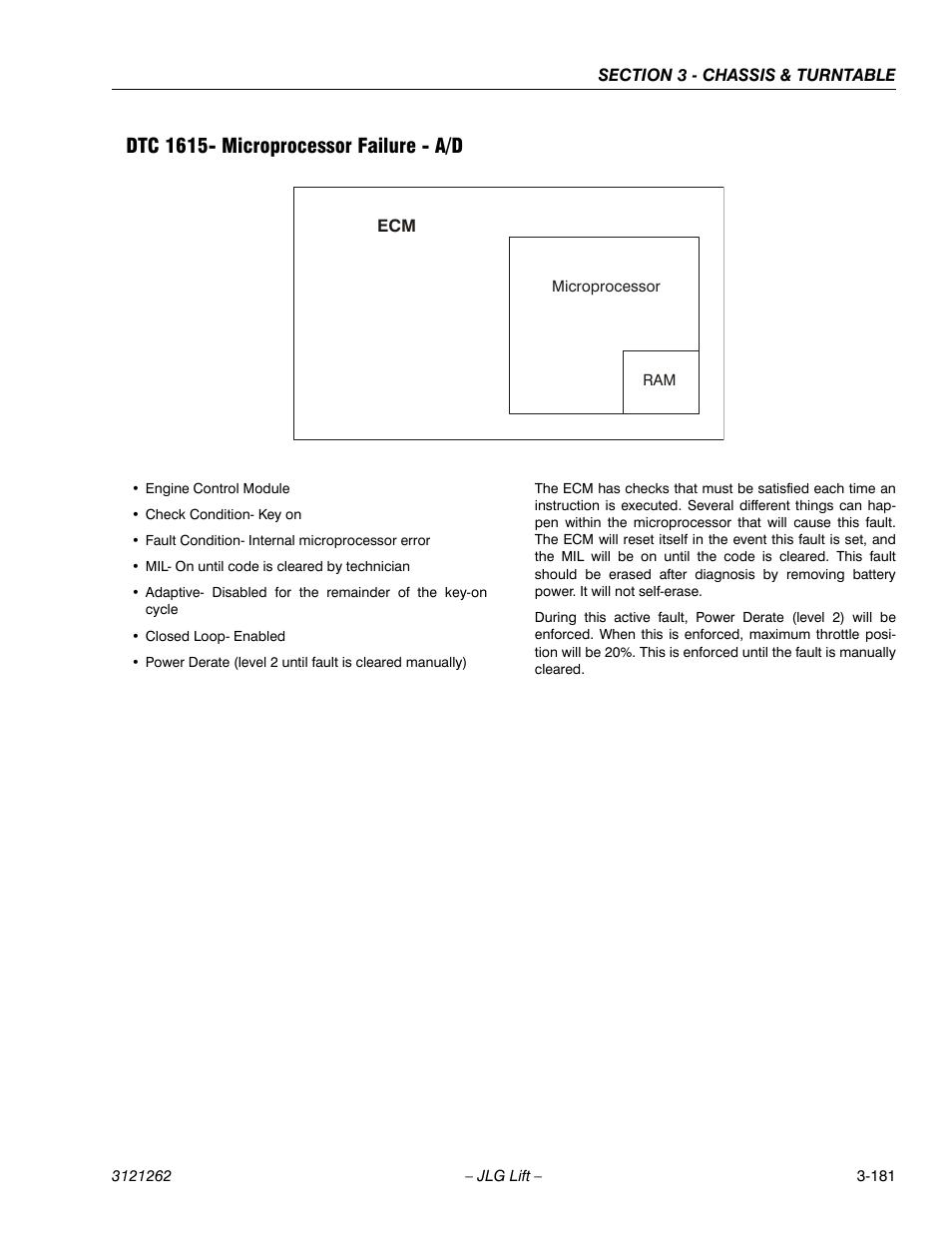 Dtc 1615- microprocessor failure - a/d, Dtc 1615- microprocessor failure - a/d -181 | JLG 1500SJ Service Manual User Manual | Page 229 / 628