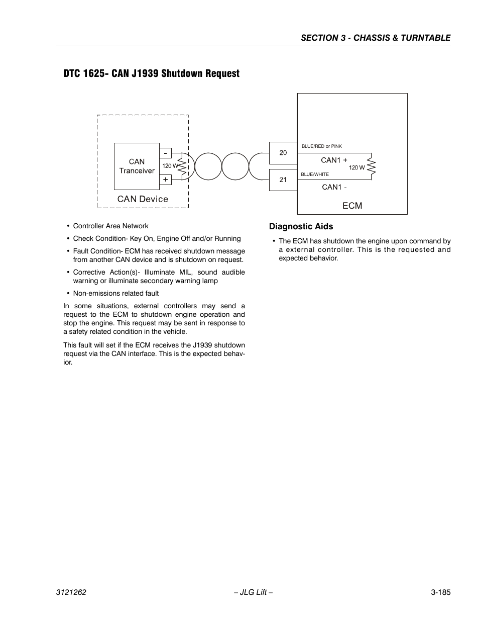 Dtc 1625- can j1939 shutdown request, Dtc 1625- can j1939 shutdown request -185 | JLG 1500SJ Service Manual User Manual | Page 233 / 628
