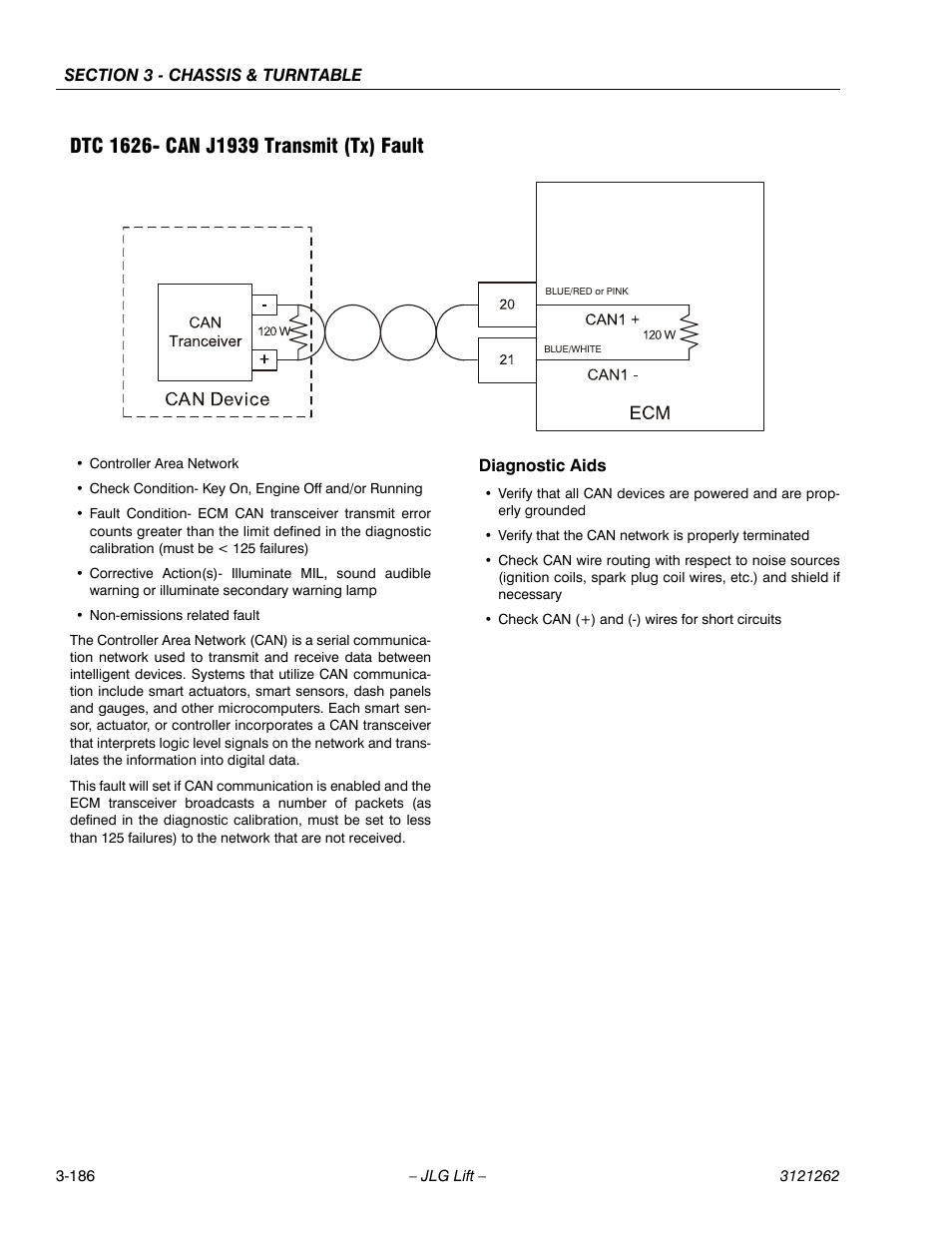 Dtc 1626- can j1939 transmit (tx) fault, Dtc 1626- can j1939 transmit (tx) fault -186 | JLG 1500SJ Service Manual User Manual | Page 234 / 628