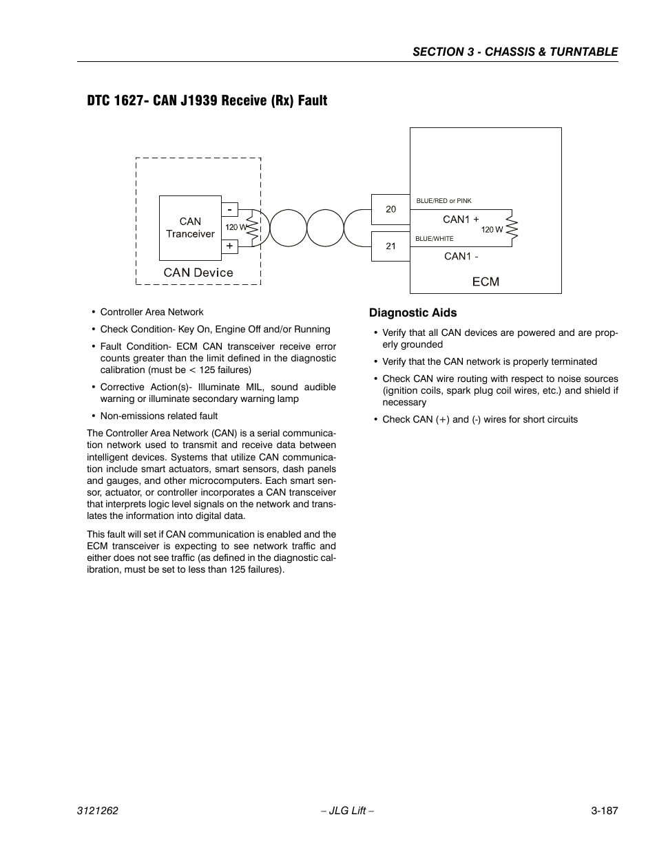 Dtc 1627- can j1939 receive (rx) fault, Dtc 1627- can j1939 receive (rx) fault -187 | JLG 1500SJ Service Manual User Manual | Page 235 / 628