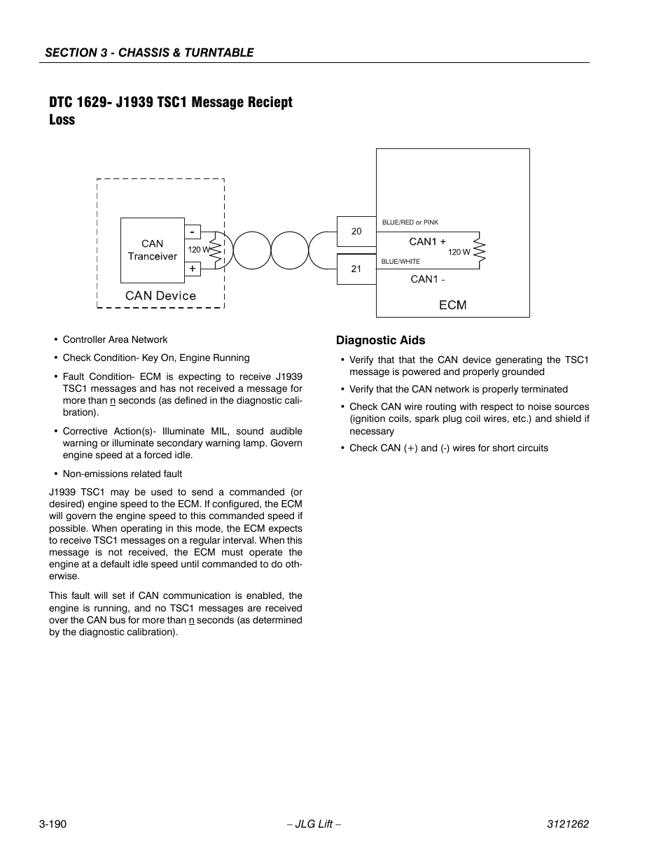 Dtc 1629- j1939 tsc1 message reciept loss, Dtc 1629- j1939 tsc1 message reciept loss -190 | JLG 1500SJ Service Manual User Manual | Page 238 / 628