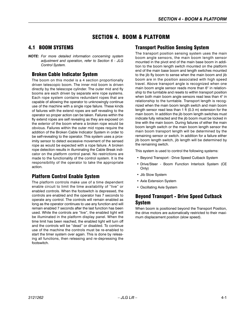Section 4. boom & platform, 1 boom systems, Broken cable indicator system | Platform control enable system, Transport position sensing system, Beyond transport - drive speed cutback system, Section 4 - boom & platform, Boom systems -1 | JLG 1500SJ Service Manual User Manual | Page 247 / 628