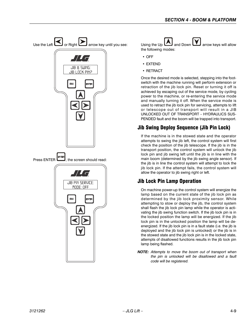 Jib swing deploy sequence (jib pin lock), Jib lock pin lamp operation | JLG 1500SJ Service Manual User Manual | Page 255 / 628