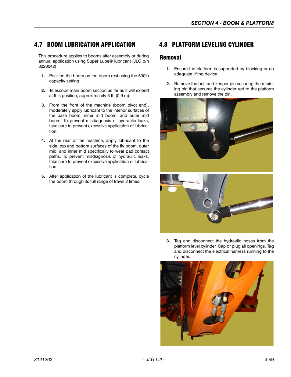 7 boom lubrication application, 8 platform leveling cylinder, Removal | Boom lubrication application -59, Platform leveling cylinder -59, Removal -59, 8 platform leveling cylinder removal | JLG 1500SJ Service Manual User Manual | Page 305 / 628