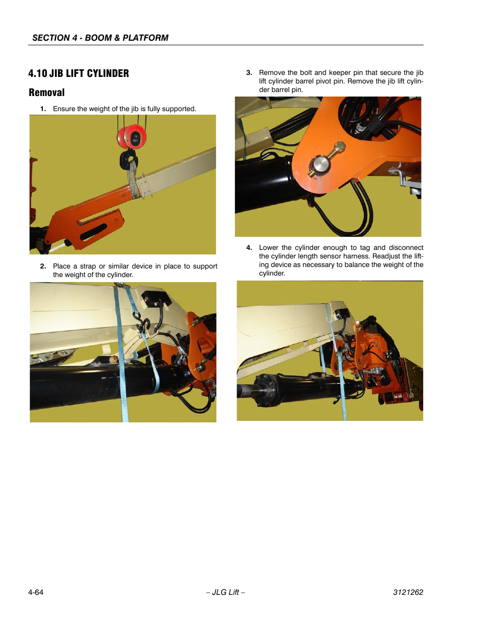 10 jib lift cylinder, Removal, Jib lift cylinder -64 | Removal -64, 10 jib lift cylinder removal | JLG 1500SJ Service Manual User Manual | Page 310 / 628