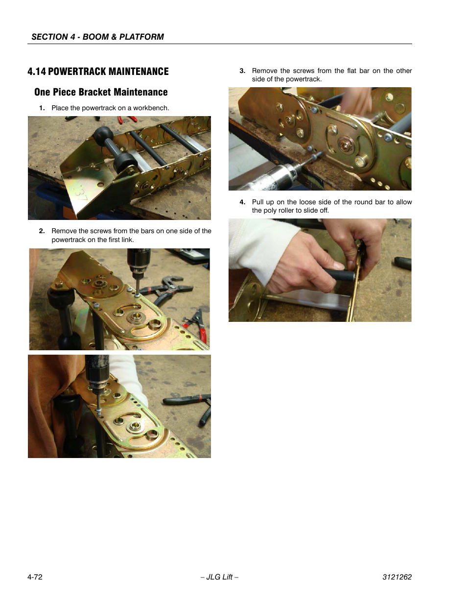 14 powertrack maintenance, One piece bracket maintenance, Powertrack maintenance -72 | One piece bracket maintenance -72 | JLG 1500SJ Service Manual User Manual | Page 318 / 628