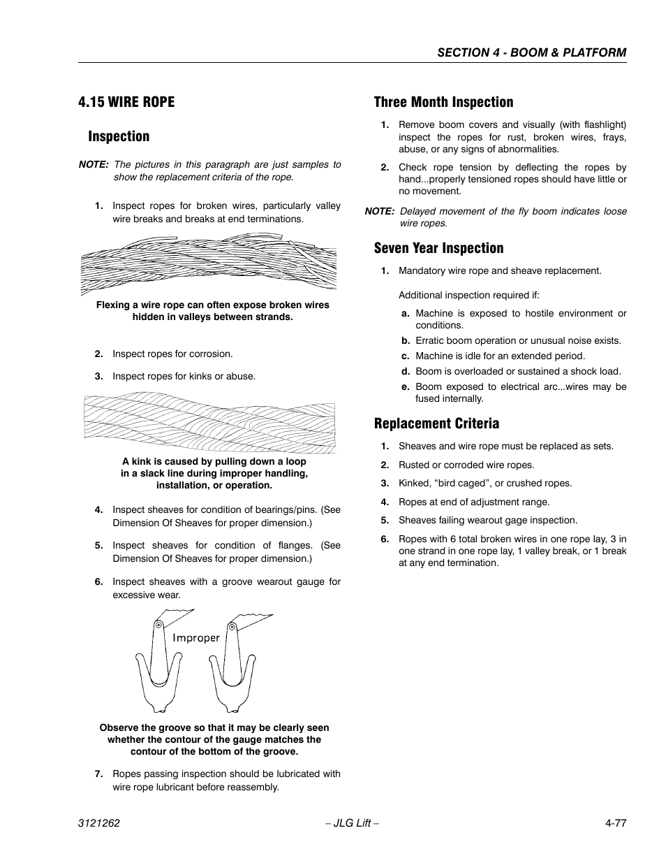 15 wire rope, Inspection, Three month inspection | Seven year inspection, Replacement criteria, Wire rope -77, 15 wire rope inspection | JLG 1500SJ Service Manual User Manual | Page 323 / 628