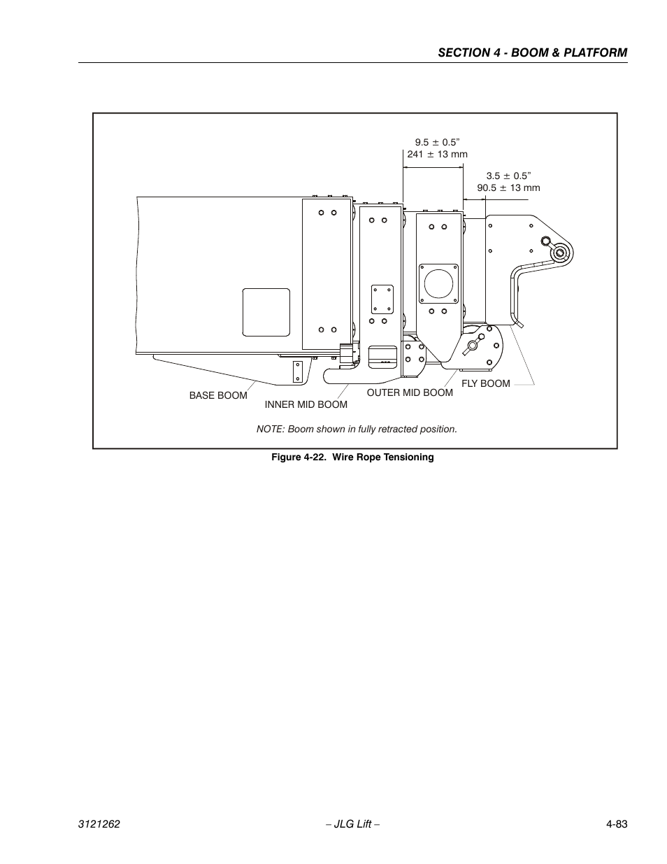 Wire rope tensioning -83, N in figure 4-22., wire rope tensioning. this, Are them to figure 4- 22., wire rope tensioning. i | Figure 4-22., wire rope tensioning, ad, Of figure 4-22., wire rope tensioning, p, Figure 4-22., wire rope tensioning, Tolerance of figure 4-22, Rance of figure 4-22., proceed to the fly, Figure 4-22, Ces in figure 4-22 | JLG 1500SJ Service Manual User Manual | Page 329 / 628