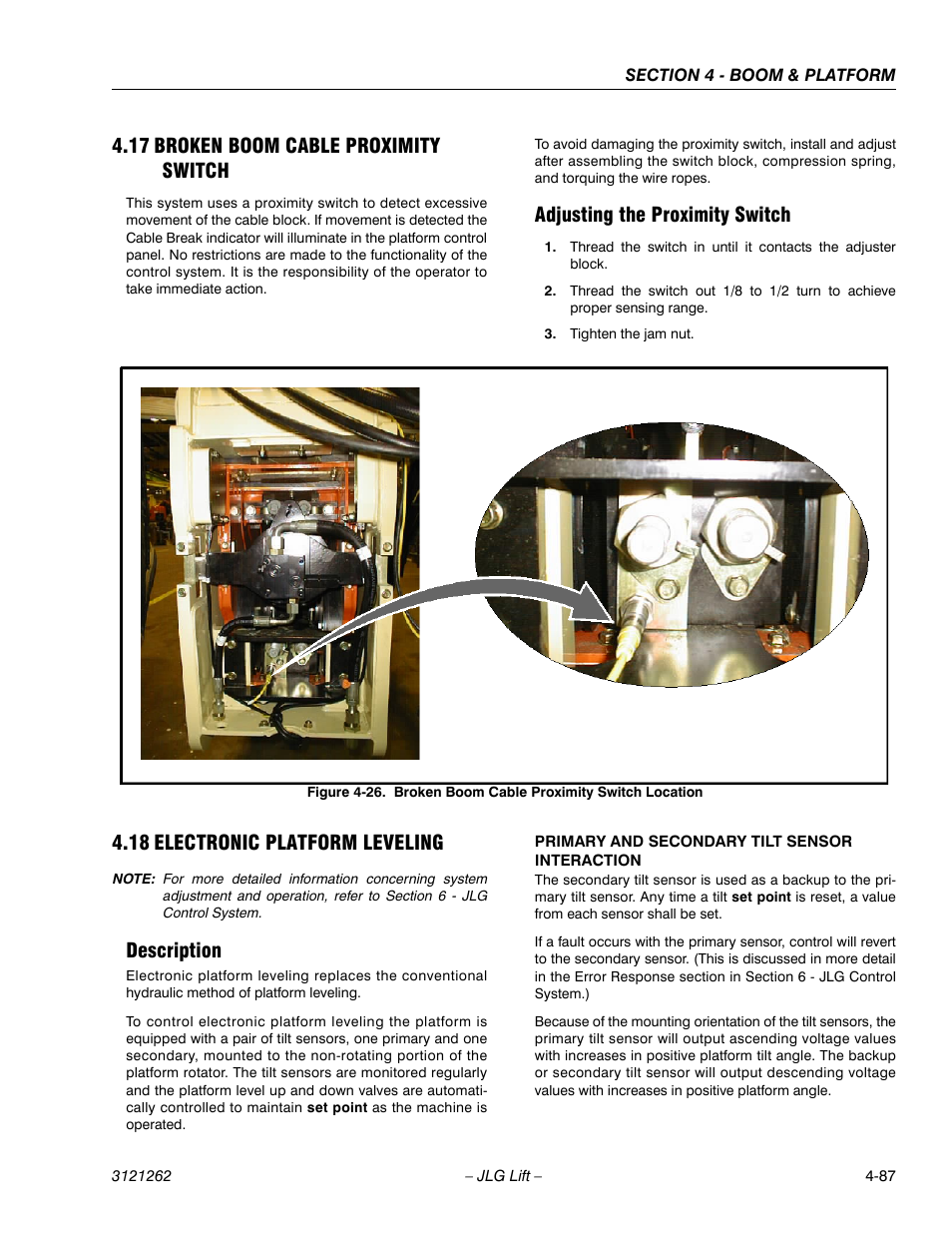 17 broken boom cable proximity switch, Adjusting the proximity switch, 18 electronic platform leveling | Description, Broken boom cable proximity switch -87, Adjusting the proximity switch -87, Electronic platform leveling -87, Description -87, Broken boom cable proximity switch location -87 | JLG 1500SJ Service Manual User Manual | Page 333 / 628