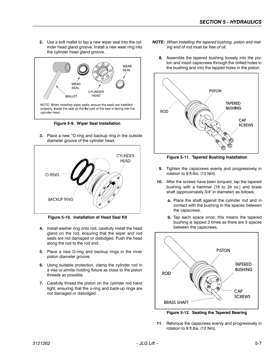 Wiper seal installation -7, Installation of head seal kit -7, Tapered bushing installation -7 | Seating the tapered bearing -7 | JLG 1500SJ Service Manual User Manual | Page 359 / 628