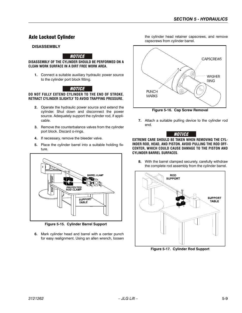 Axle lockout cylinder, Axle lockout cylinder -9, Cylinder barrel support -9 | Cap screw removal -9, Cylinder rod support -9 | JLG 1500SJ Service Manual User Manual | Page 361 / 628