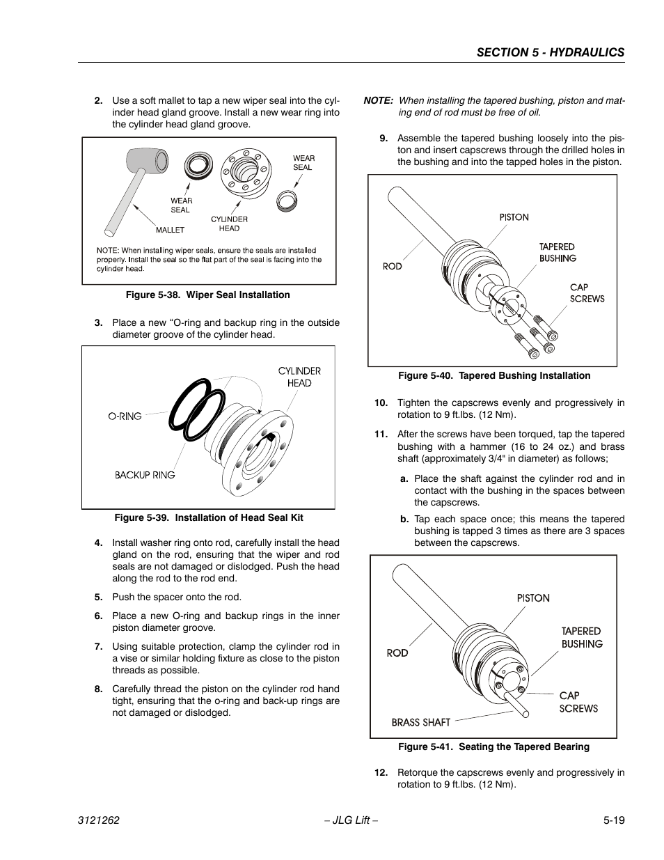 Wiper seal installation -19, Installation of head seal kit -19, Tapered bushing installation -19 | Seating the tapered bearing -19 | JLG 1500SJ Service Manual User Manual | Page 371 / 628