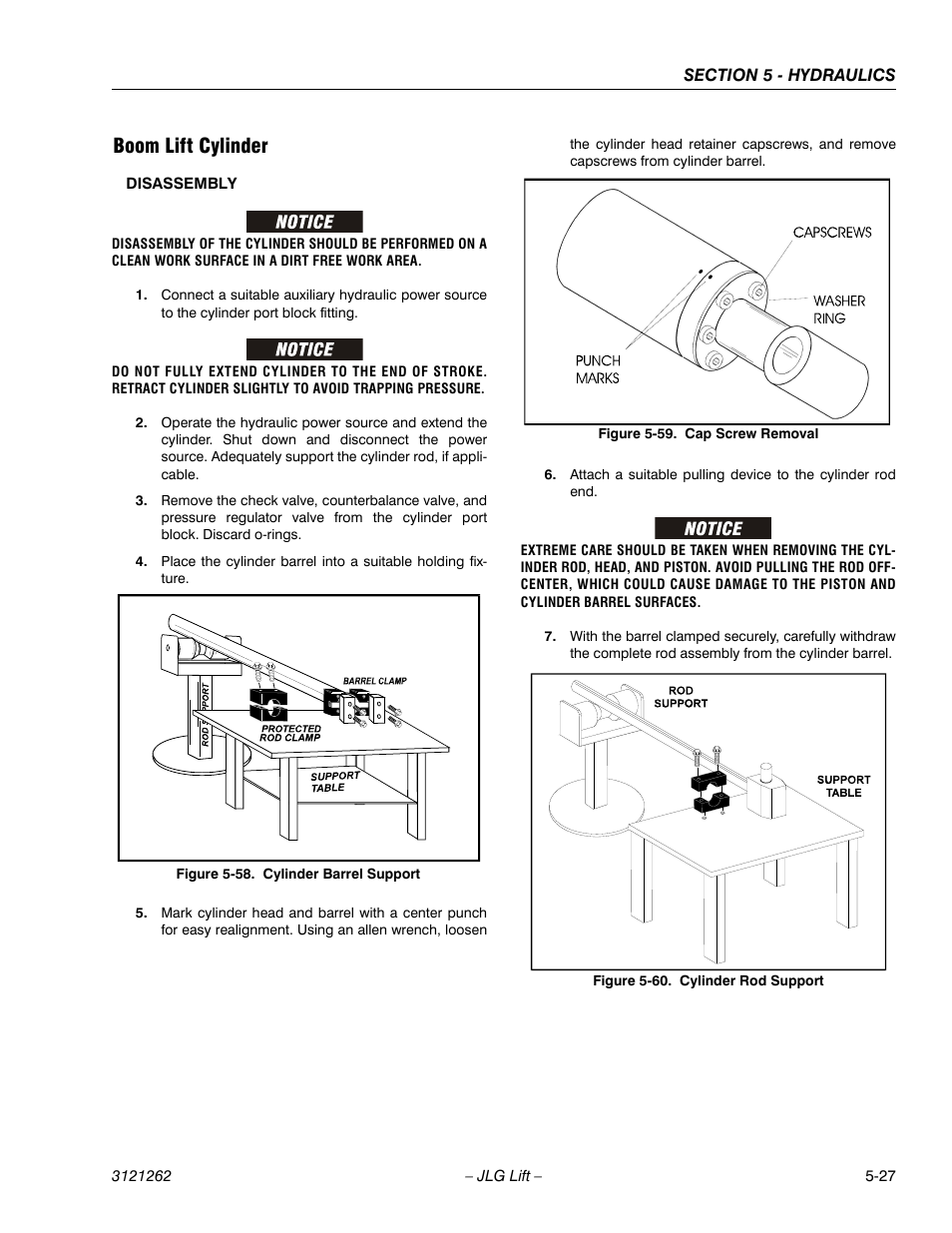 Boom lift cylinder, Boom lift cylinder -27, Cylinder barrel support -27 | Cap screw removal -27, Cylinder rod support -27 | JLG 1500SJ Service Manual User Manual | Page 379 / 628
