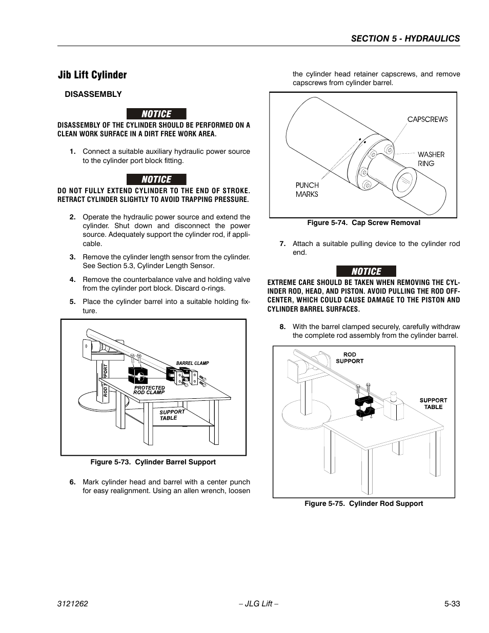 Jib lift cylinder, Jib lift cylinder -33, Cylinder barrel support -33 | Cap screw removal -33, Cylinder rod support -33 | JLG 1500SJ Service Manual User Manual | Page 385 / 628
