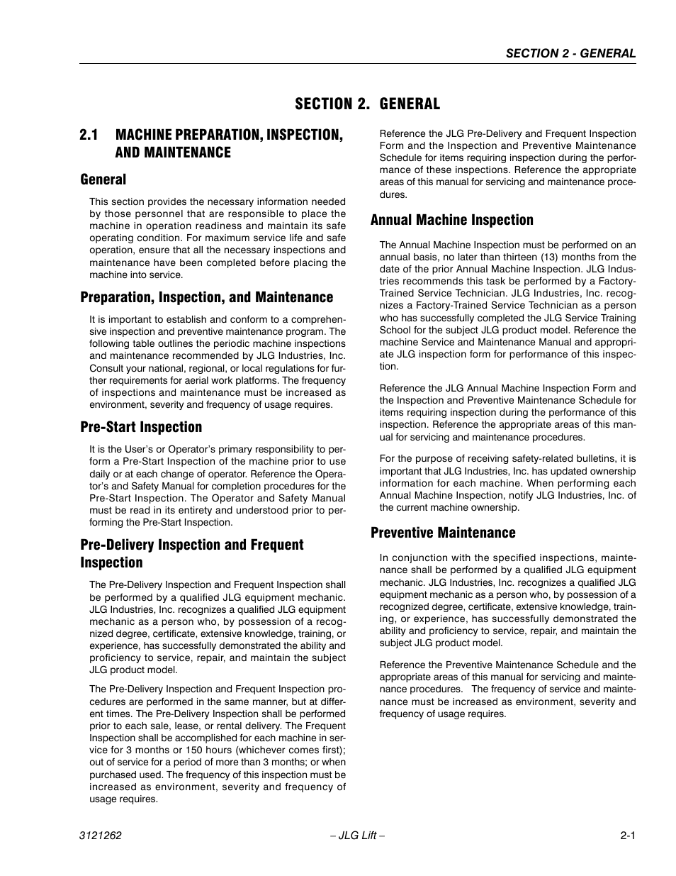 Section 2. general, 1 machine preparation, inspection, and maintenance, General | Preparation, inspection, and maintenance, Pre-start inspection, Pre-delivery inspection and frequent inspection, Annual machine inspection, Preventive maintenance, Section 2 - general | JLG 1500SJ Service Manual User Manual | Page 39 / 628