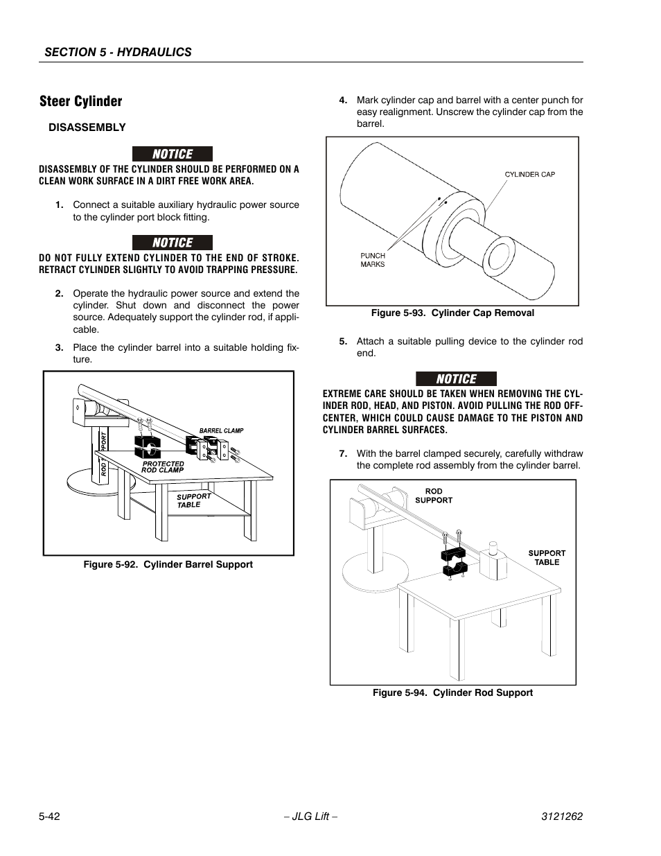 Steer cylinder, Steer cylinder -42, Cylinder barrel support -42 | Cylinder cap removal -42, Cylinder rod support -42 | JLG 1500SJ Service Manual User Manual | Page 394 / 628
