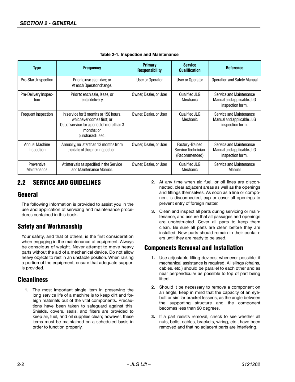 2 service and guidelines, General, Safety and workmanship | Cleanliness, Components removal and installation, Service and guidelines -2, Inspection and maintenance -2, 2 service and guidelines general | JLG 1500SJ Service Manual User Manual | Page 40 / 628