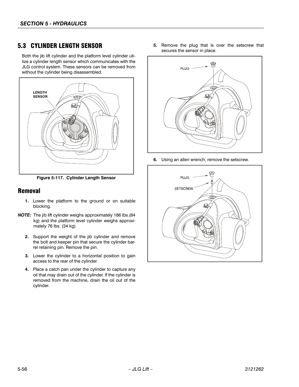3 cylinder length sensor, Removal, Cylinder length sensor -56 | Removal -56, 117. cylinder length sensor -56 | JLG 1500SJ Service Manual User Manual | Page 408 / 628