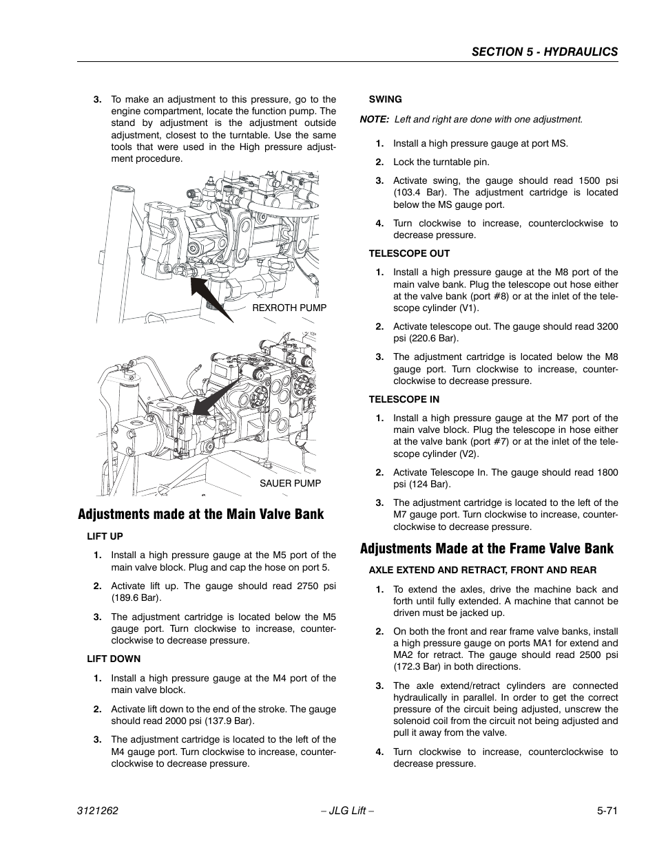 Adjustments made at the main valve bank, Adjustments made at the frame valve bank | JLG 1500SJ Service Manual User Manual | Page 423 / 628