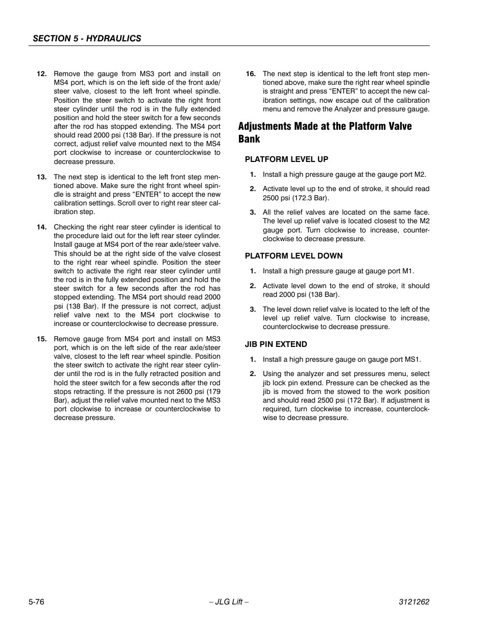 Adjustments made at the platform valve bank, Adjustments made at the platform valve bank -76 | JLG 1500SJ Service Manual User Manual | Page 428 / 628
