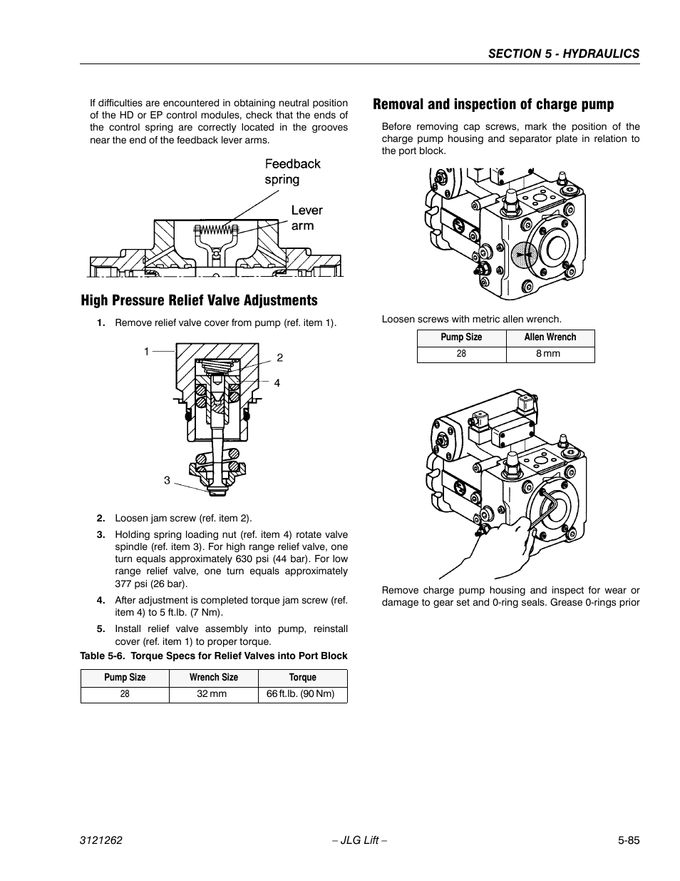 High pressure relief valve adjustments, Removal and inspection of charge pump, Torque specs for relief valves into port block -85 | JLG 1500SJ Service Manual User Manual | Page 437 / 628