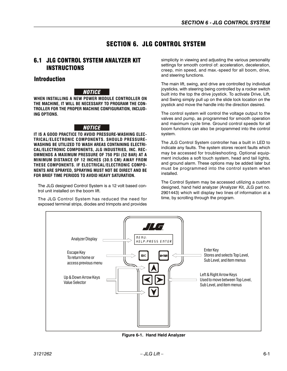 Section 6. jlg control system, 1 jlg control system analyzer kit instructions, Introduction | Section 6 - jlg control system, Jlg control system analyzer kit instructions -1, Introduction -1, Hand held analyzer -1 | JLG 1500SJ Service Manual User Manual | Page 453 / 628