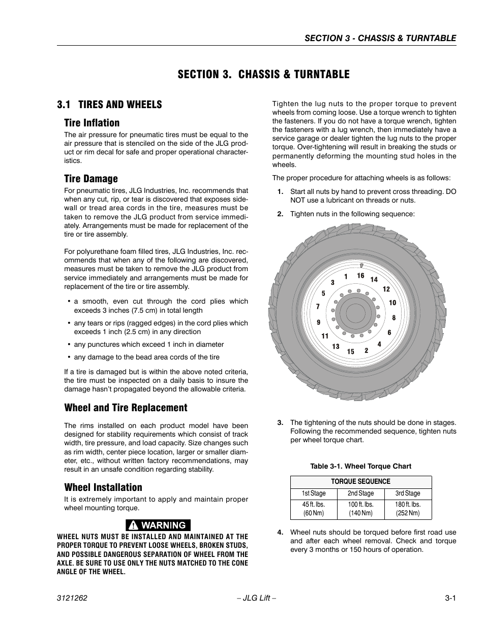 Section 3. chassis & turntable, 1 tires and wheels, Tire inflation | Tire damage, Wheel and tire replacement, Wheel installation, Section 3 - chassis & turntable, Tires and wheels -1, Wheel torque chart -1, 1 tires and wheels tire inflation | JLG 1500SJ Service Manual User Manual | Page 49 / 628