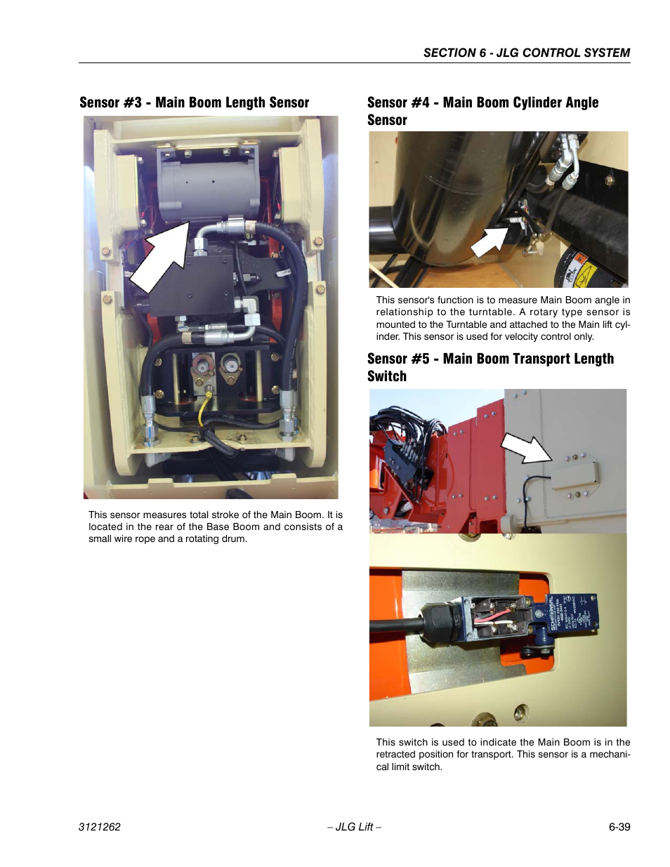 Sensor #3 - main boom length sensor, Sensor #4 - main boom cylinder angle sensor, Sensor #5 - main boom transport length switch | JLG 1500SJ Service Manual User Manual | Page 491 / 628