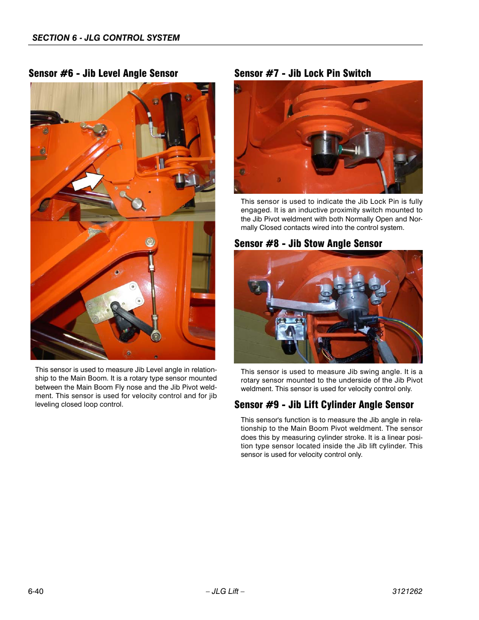Sensor #6 - jib level angle sensor, Sensor #7 - jib lock pin switch, Sensor #8 - jib stow angle sensor | Sensor #9 - jib lift cylinder angle sensor | JLG 1500SJ Service Manual User Manual | Page 492 / 628