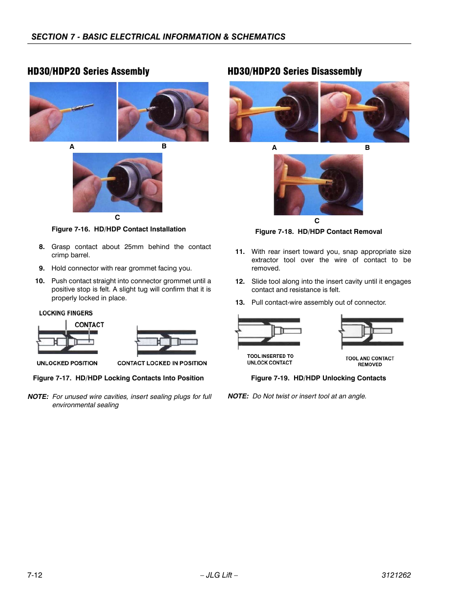 Hd30/hdp20 series assembly, Hd30/hdp20 series disassembly, Hd/hdp contact installation -12 | Hd/hdp locking contacts into position -12, Hd/hdp contact removal -12, Hd/hdp unlocking contacts -12 | JLG 1500SJ Service Manual User Manual | Page 592 / 628