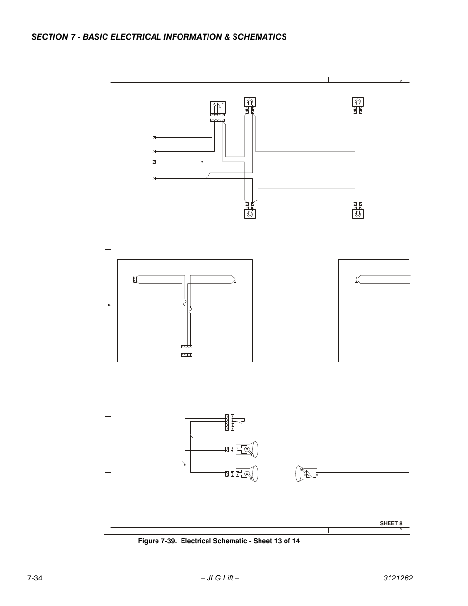 Electrical schematic - sheet 13 of 14 -34, Sheet 8, Platform flood lights (option) | Platform work lights (option), Head & tail lights & chassis illumination | JLG 1500SJ Service Manual User Manual | Page 614 / 628