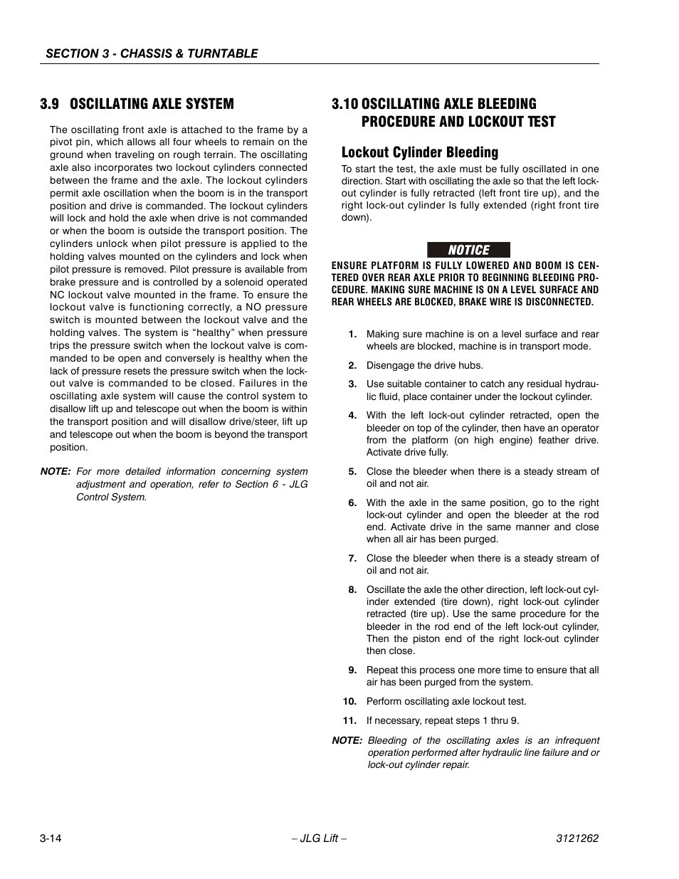 9 oscillating axle system, Lockout cylinder bleeding, Oscillating axle system -14 | Lockout cylinder bleeding -14 | JLG 1500SJ Service Manual User Manual | Page 62 / 628