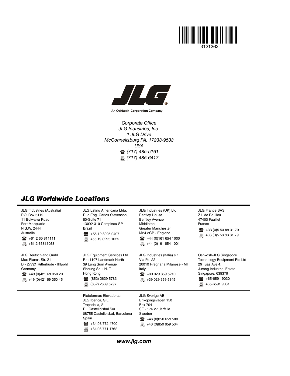 Jlg worldwide locations | JLG 1500SJ Service Manual User Manual | Page 628 / 628