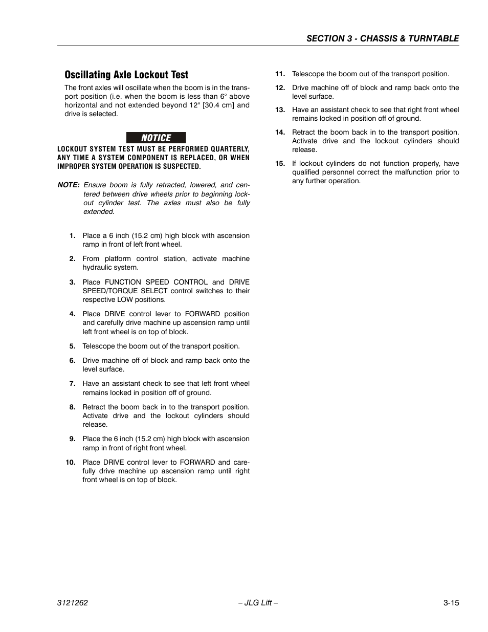 Oscillating axle lockout test, Oscillating axle lockout test -15 | JLG 1500SJ Service Manual User Manual | Page 63 / 628