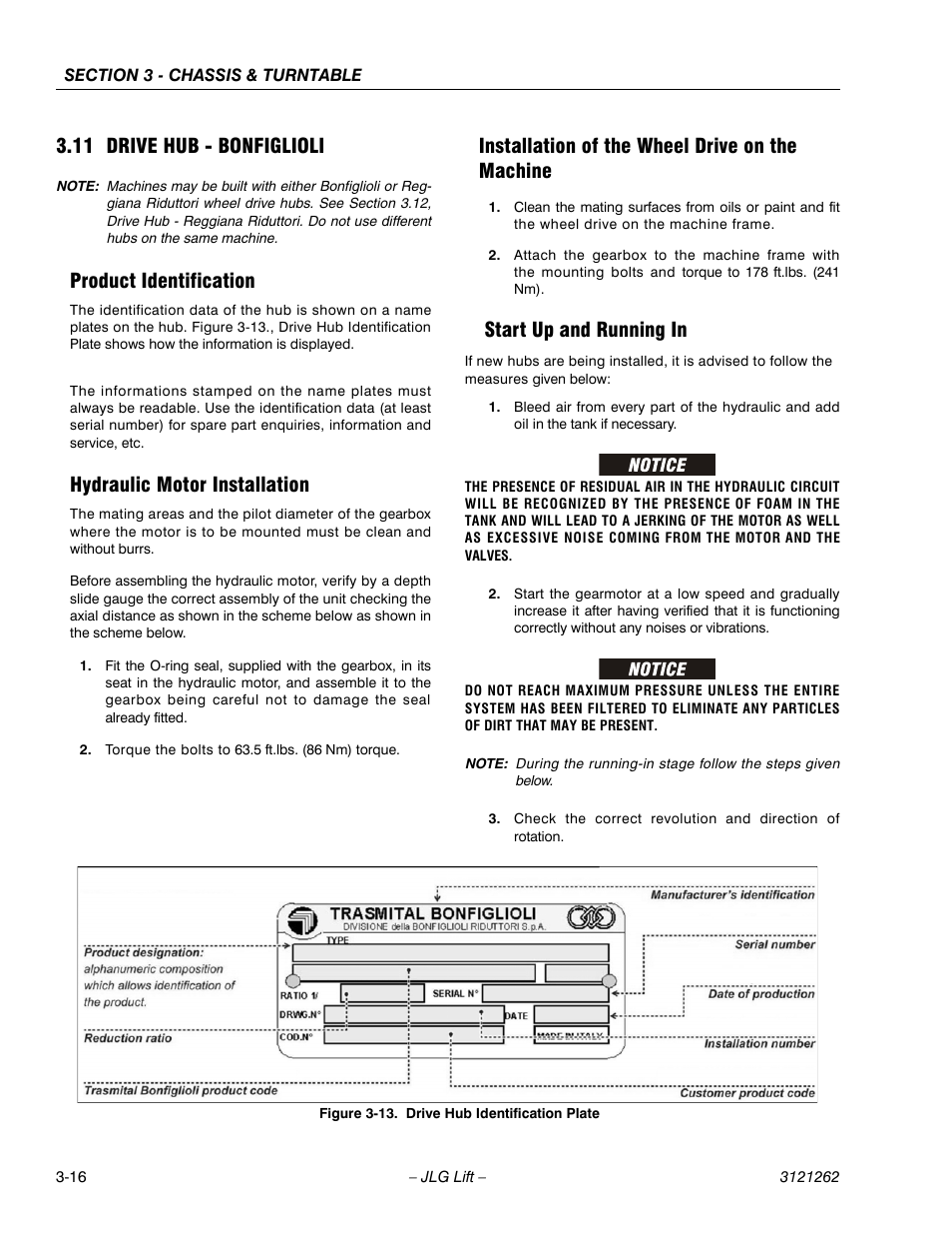 11 drive hub - bonfiglioli, Product identification, Hydraulic motor installation | Installation of the wheel drive on the machine, Start up and running in, Drive hub - bonfiglioli -16, Drive hub identification plate -16 | JLG 1500SJ Service Manual User Manual | Page 64 / 628