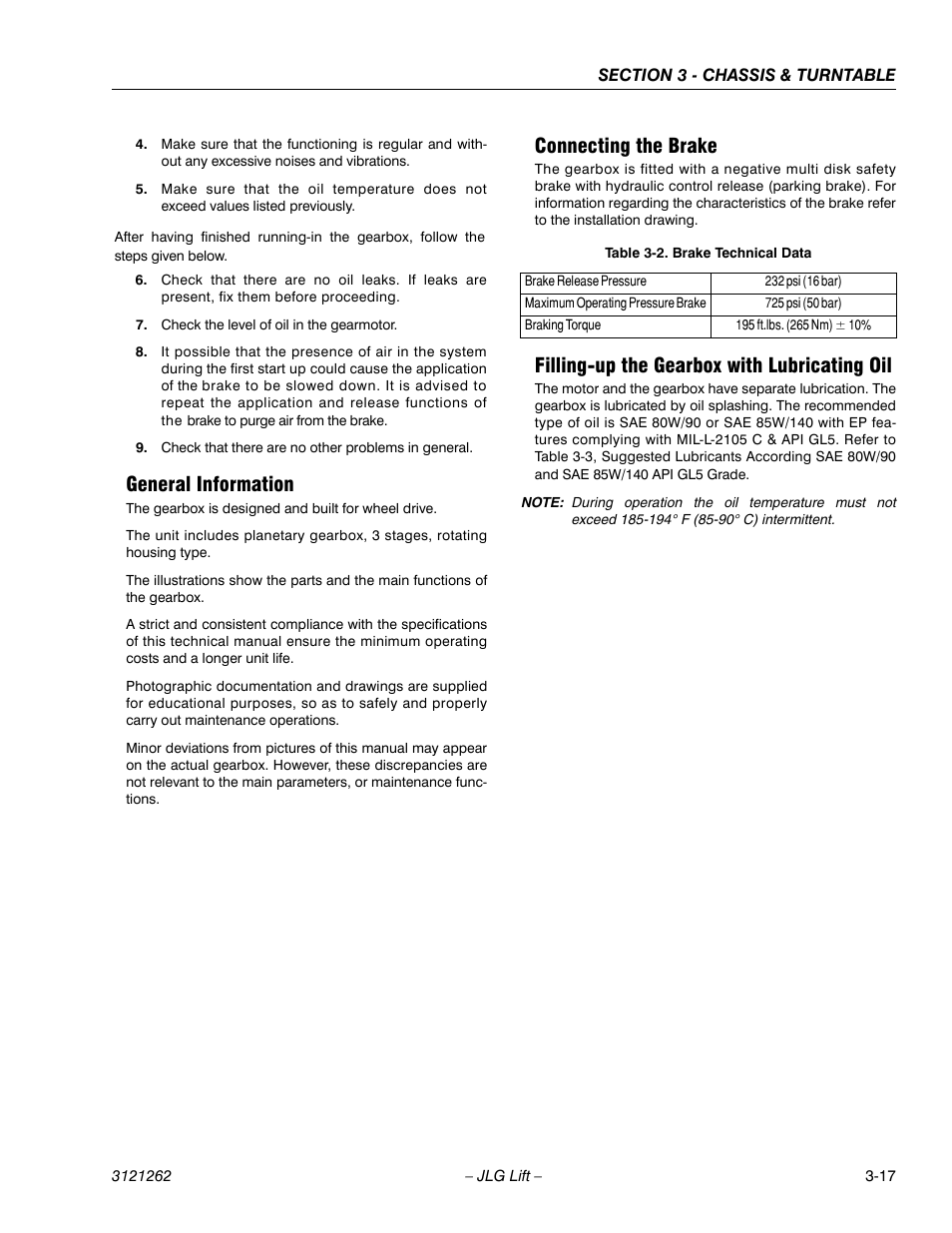 General information, Connecting the brake, Filling-up the gearbox with lubricating oil | Brake technical data -17 | JLG 1500SJ Service Manual User Manual | Page 65 / 628
