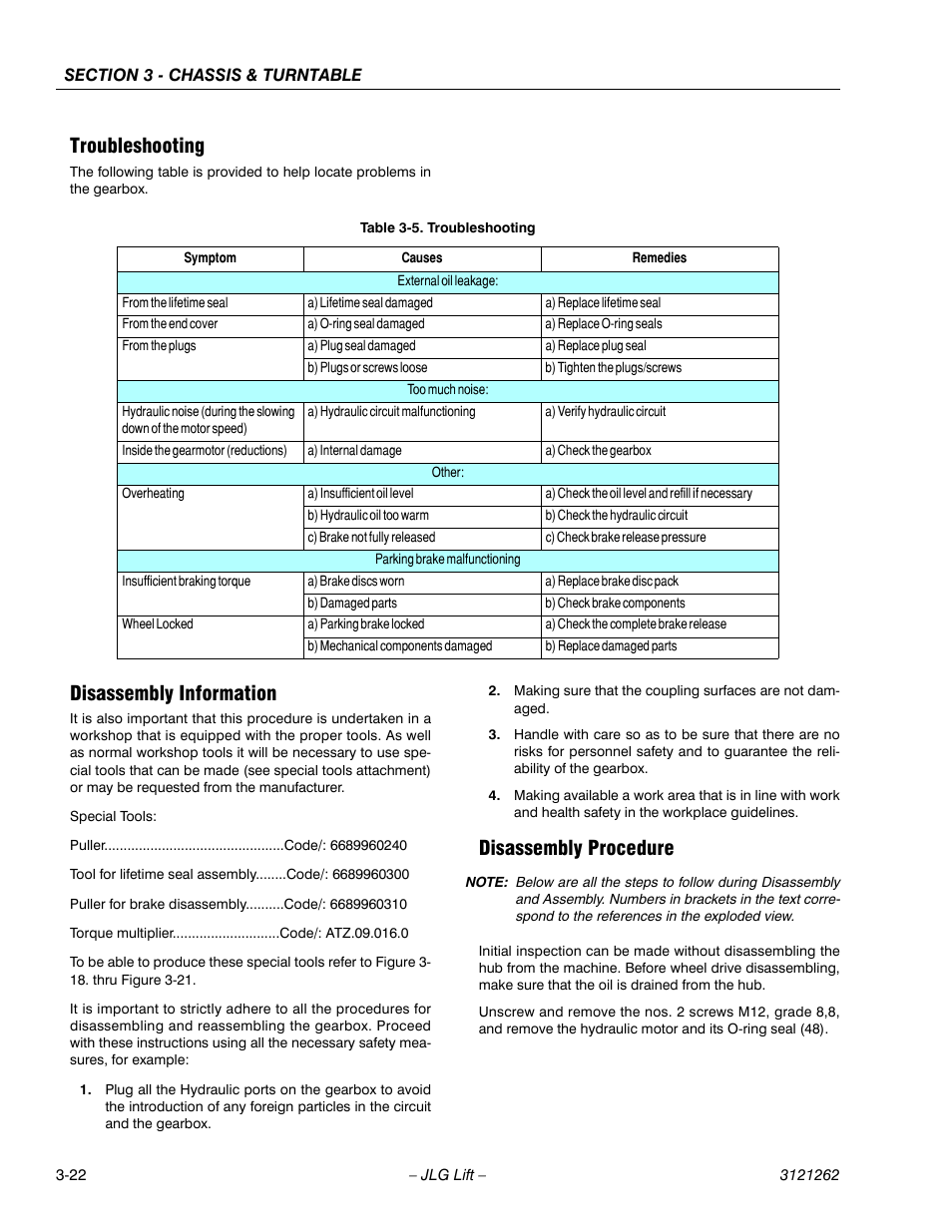 Troubleshooting, Disassembly information, Disassembly procedure | Troubleshooting -22 | JLG 1500SJ Service Manual User Manual | Page 70 / 628