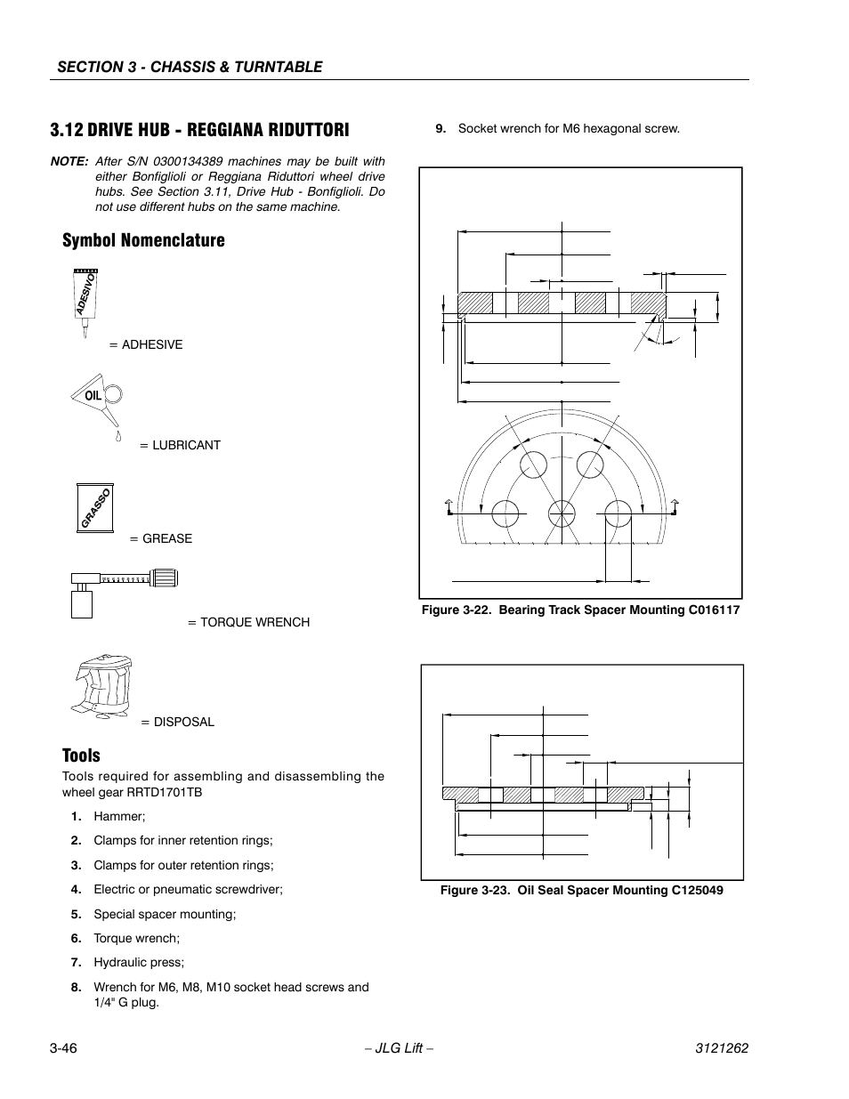 12 drive hub - reggiana riduttori, Symbol nomenclature, Tools | Drive hub - reggiana riduttori -46, Symbol nomenclature -46 tools -46, Bearing track spacer mounting c016117 -46, Oil seal spacer mounting c125049 -46, M- 1326, M- 1537 | JLG 1500SJ Service Manual User Manual | Page 94 / 628