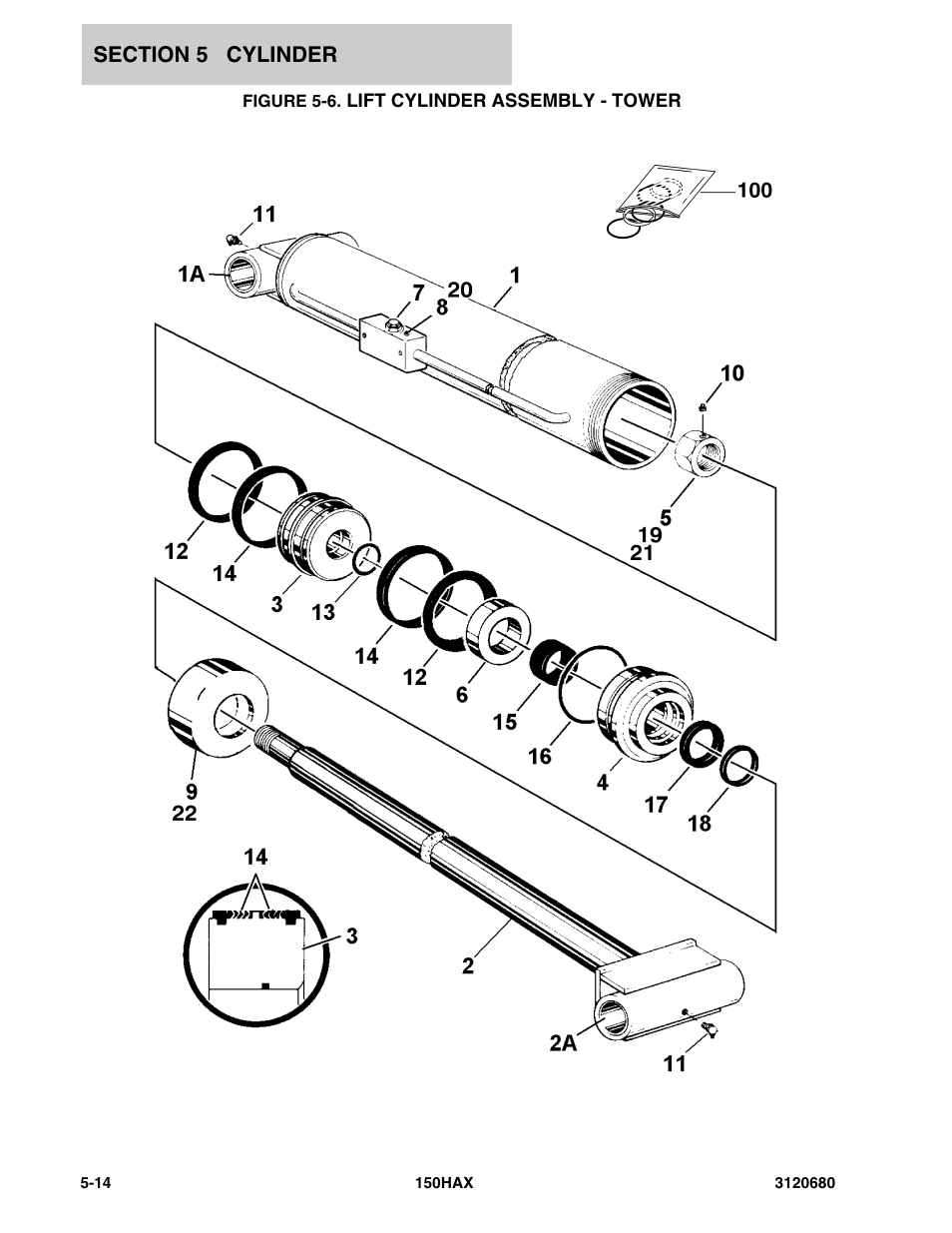 Figure 5-6. lift cylinder assembly - tower, Lift cylinder assembly - tower -14 | JLG 150HAX ANSI Parts Manual User Manual | Page 172 / 238