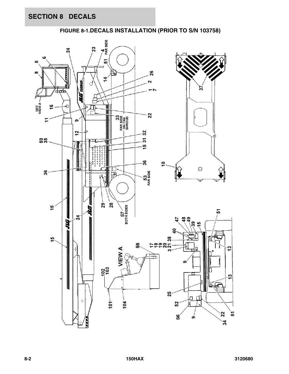 Decals installation (prior to s/n 103758) -2 | JLG 150HAX ANSI Parts Manual User Manual | Page 216 / 238