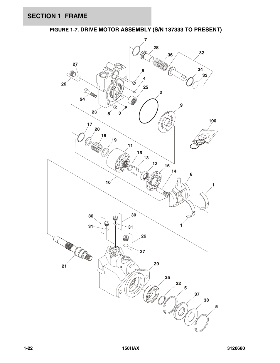 Drive motor assembly (s/n 137333 to present) -22 | JLG 150HAX ANSI Parts Manual User Manual | Page 28 / 238