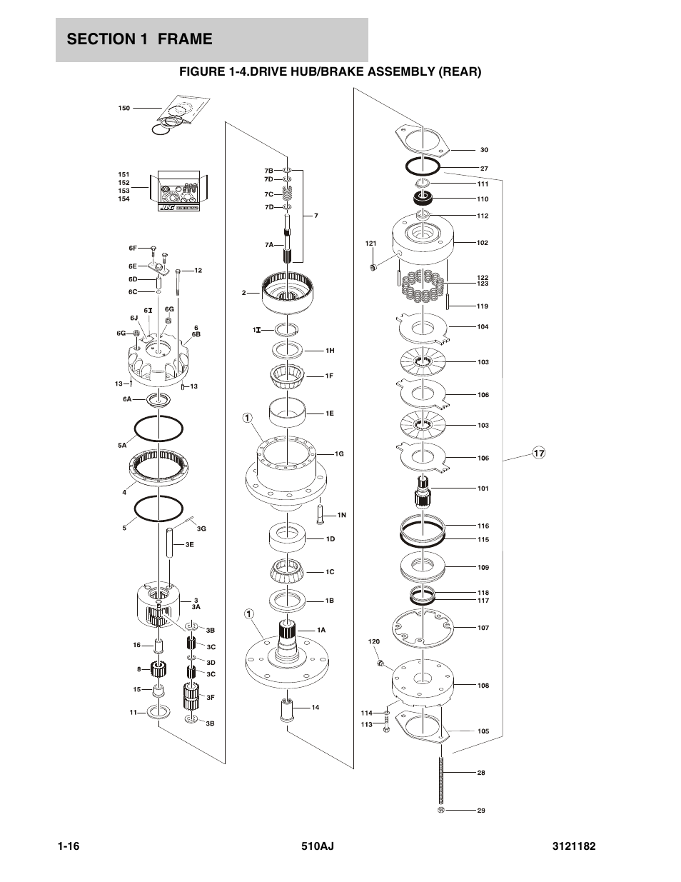 Figure 1-4. drive hub/brake assembly (rear), Drive hub/brake assembly (rear) -16 | JLG 510AJ Parts Manual User Manual | Page 24 / 336