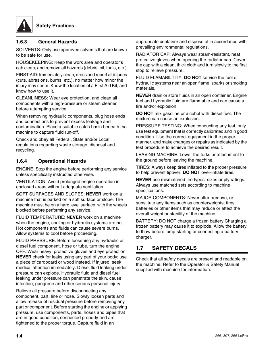 7 safety decals, Safety decals, General hazards | Operational hazards | JLG 266 LoPro Service Manual User Manual | Page 10 / 126