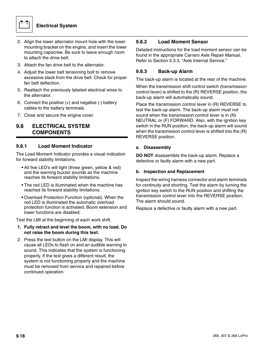 8 electrical system components, Electrical system components, Load moment indicator | Load moment sensor, Back-up alarm | JLG 266 LoPro Service Manual User Manual | Page 110 / 126