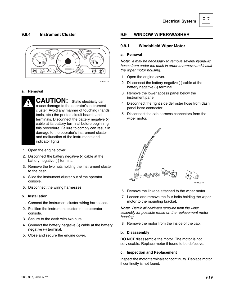 9 window wiper/washer, Window wiper/washer, Instrument cluster | Windshield wiper motor, Caution | JLG 266 LoPro Service Manual User Manual | Page 111 / 126
