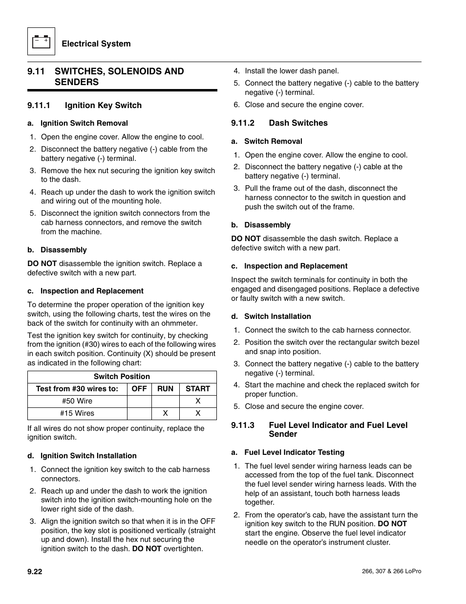 11 switches, solenoids and senders, Switches, solenoids and senders, Ignition key switch | Dash switches, Fuel level indicator and fuel level sender | JLG 266 LoPro Service Manual User Manual | Page 114 / 126