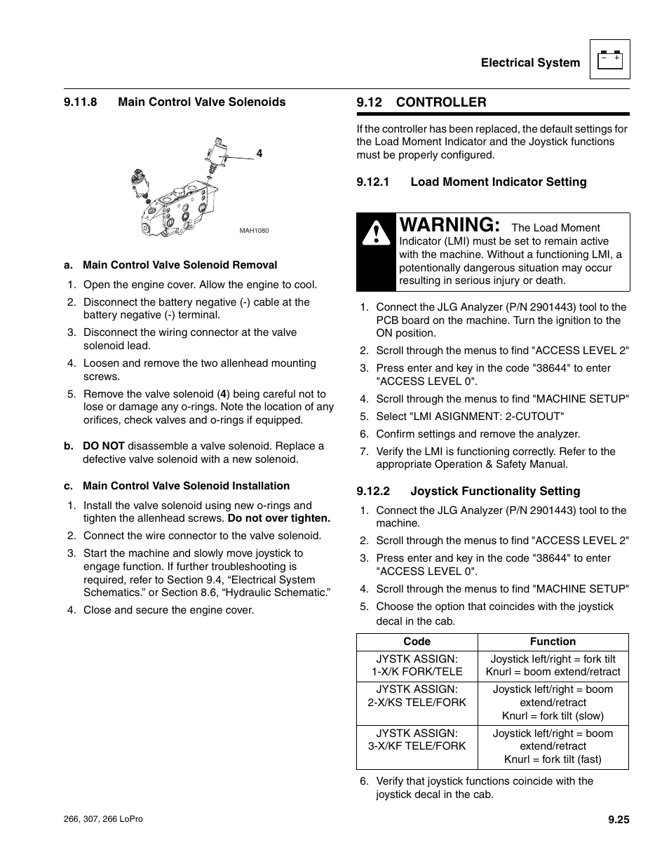 12 controller, Controller, Main control valve solenoids | Load moment indicator setting, Joystick functionality setting, Warning | JLG 266 LoPro Service Manual User Manual | Page 117 / 126