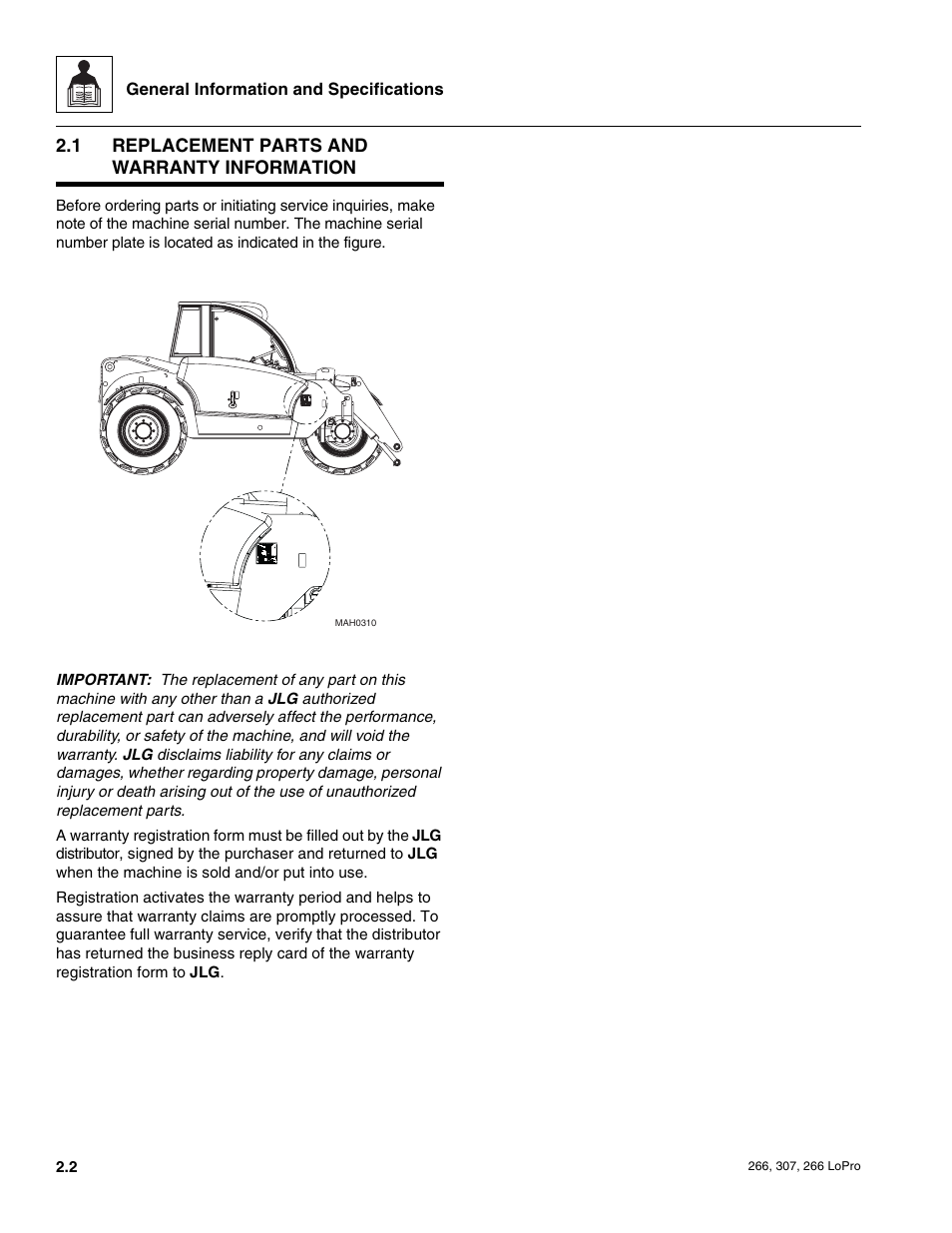 1 replacement parts and warranty information, Replacement parts and warranty information | JLG 266 LoPro Service Manual User Manual | Page 12 / 126