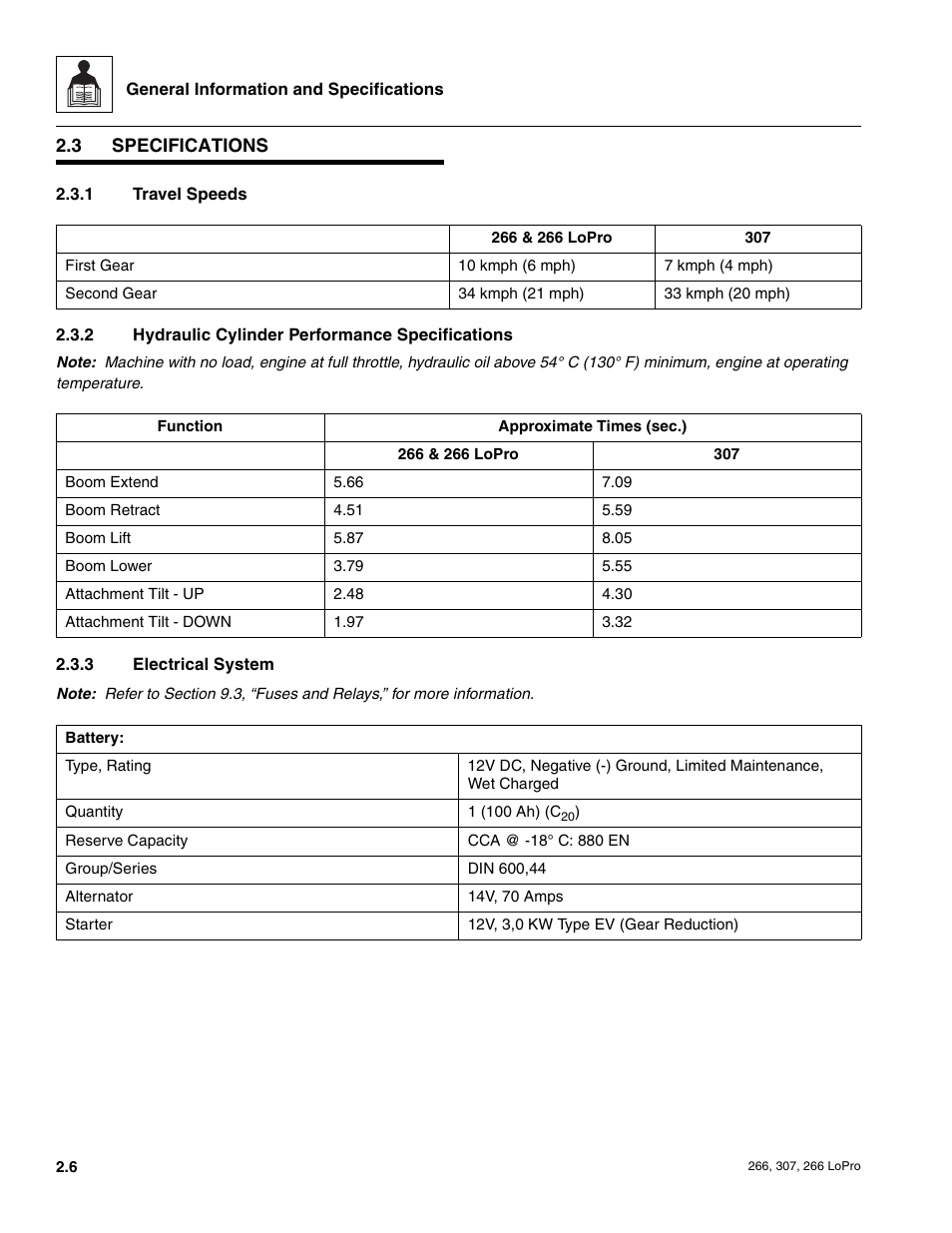 3 specifications, Specifications, Travel speeds | Hydraulic cylinder performance specifications, Electrical system | JLG 266 LoPro Service Manual User Manual | Page 16 / 126